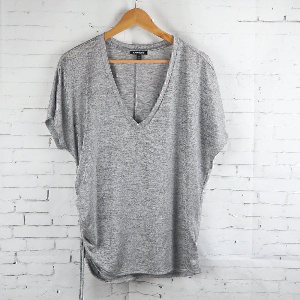 EXPRESS SILVER CAP SLEEVE V NECK RUCHED SIDE OVERSIZED TUNIC TOP SIZE SP